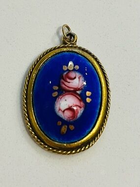 Vintage 1960s  Goldette Enamel Pendant Blue with Pink Flowers